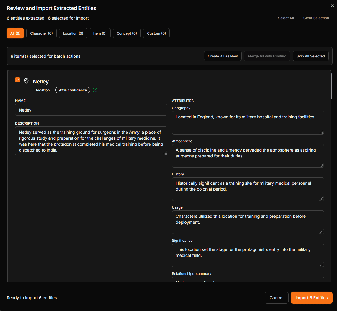 Mythwrite Archivum showing an AI-extracted location entry from a scene chat