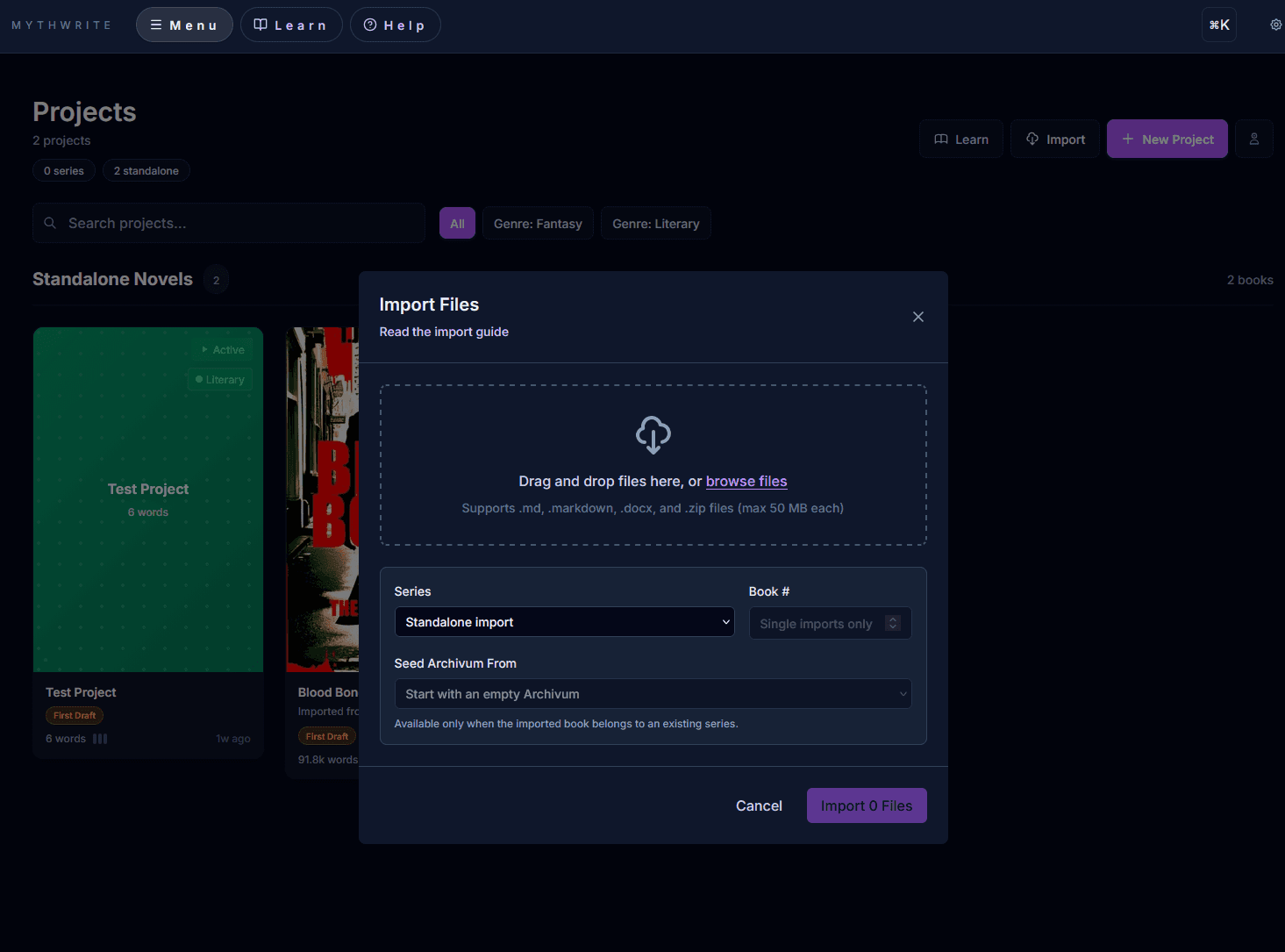 Mythwrite import wizard showing format selection and manuscript preview
