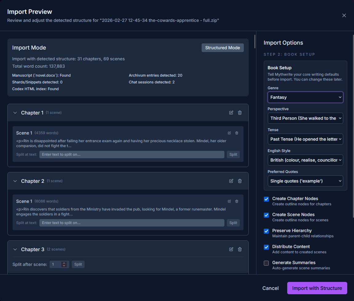 Mythwrite book setup screen with genre, perspective, and tense options