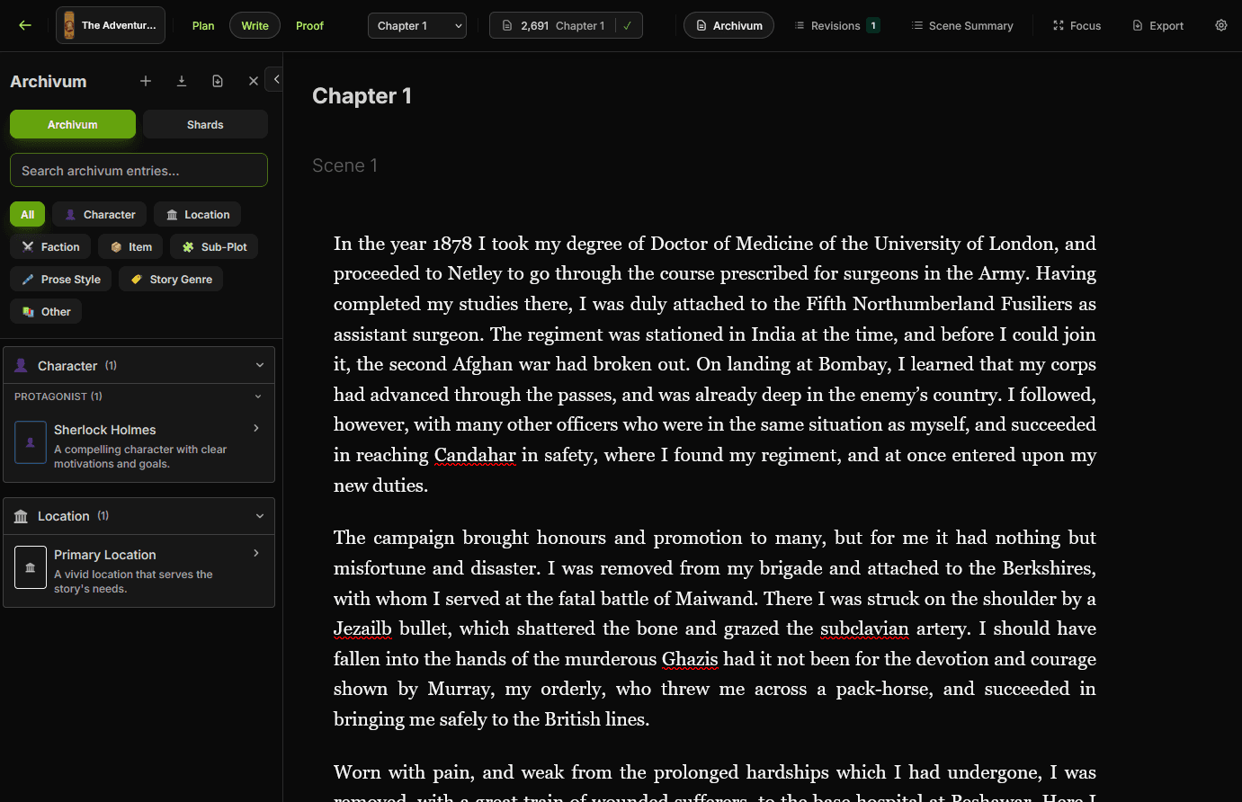 Mythwrite main manuscript editor showing a scene open in the writing surface