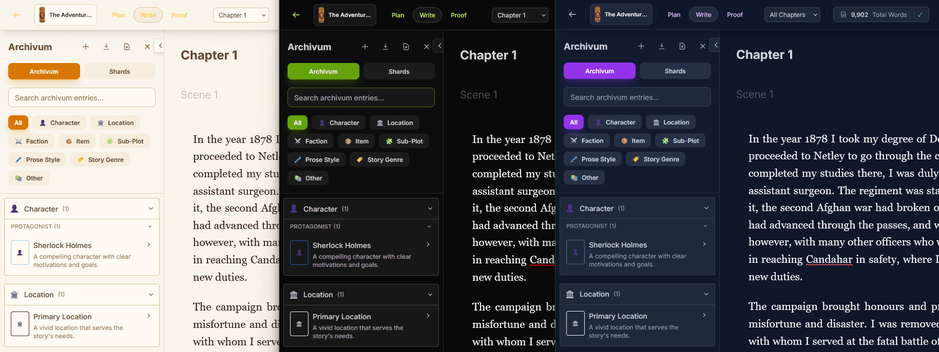 Mythwrite manuscript view showing a sample of the available visual themes