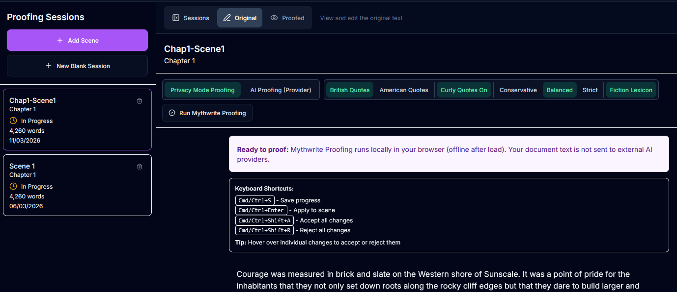 Mythwrite Privacy Mode proofing showing inline suggestions in the manuscript
