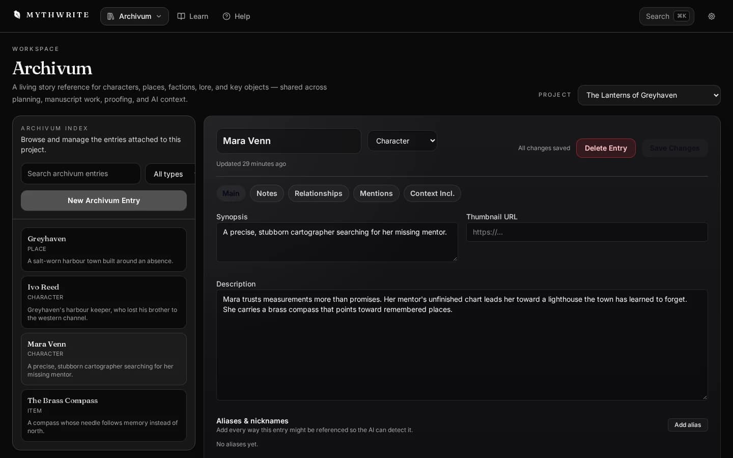 Your story bible, always open: Archivum keeps characters, places, factions and items for each project. Mara Venn's entry is open here: a synopsis, a fuller description, aliases and tabs for notes, relationships and mentions.
