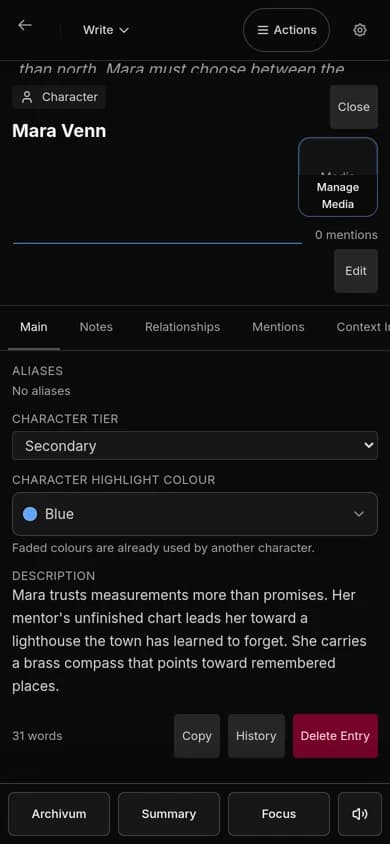 A Mythwrite Archivum character entry open on a phone, showing tier, highlight colour and description with Main, Notes, Relationships and Mentions tabs