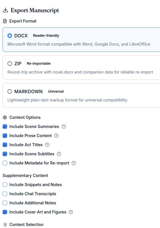 Mythwrite Export Manuscript dialog offering DOCX, a re-importable ZIP bundle and Markdown, with content options beneath