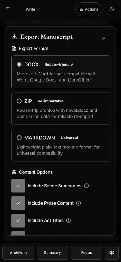 The Mythwrite Export Manuscript dialog on a phone, with DOCX selected and content options listed