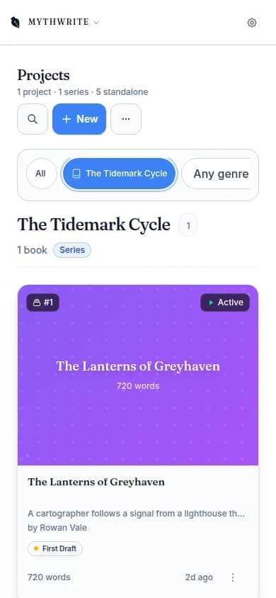 Mythwrite Projects on a phone: New Project and More buttons, a full-width search field, a scrollable series filter rail and the cover card for The Lanterns of Greyhaven