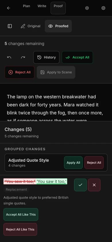 Mythwrite Proofing on a phone, showing the Proofed tab with grouped changes and Accept All / Reject All controls