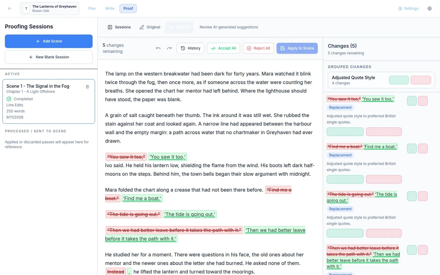 Mythwrite proofing review with five tracked quote-style changes shown inline, each with accept and reject controls and a grouped Apply All option