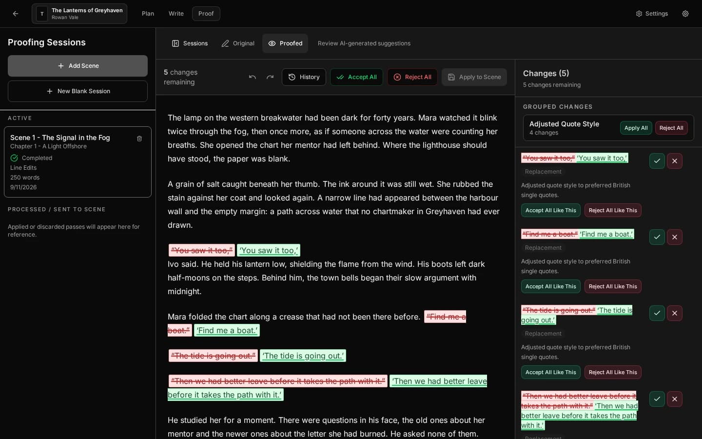 Review every change before it touches your manuscript: The Proofed view shows each suggestion inline: the original struck through in red, the replacement in green. Here a British-quotes pass found five changes. Accept or reject one at a time, by group, or all at once, and History keeps every earlier state.