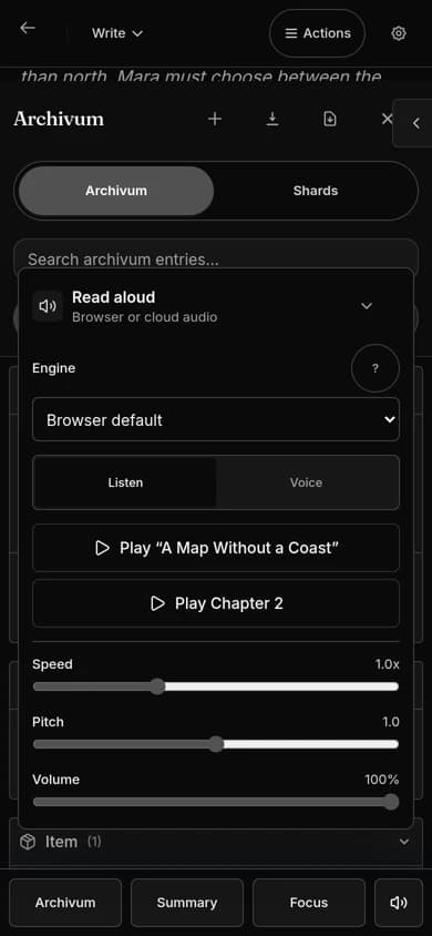 The Mythwrite Read Aloud panel on a phone, with engine, Listen and Voice tabs, and speed, pitch and volume controls