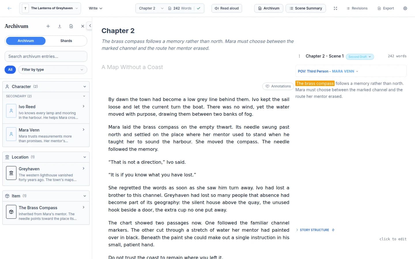 Mythwrite Write view with a scene open in the editor, the Archivum sidebar on the left and the scene panel on the right